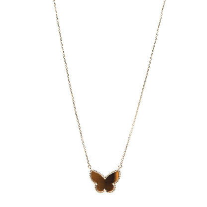 Van Cleef & Arpels 18K Yellow Gold Tiger Eye Lucky Alhambra Butterfly Pendant Necklace 1 of 6
