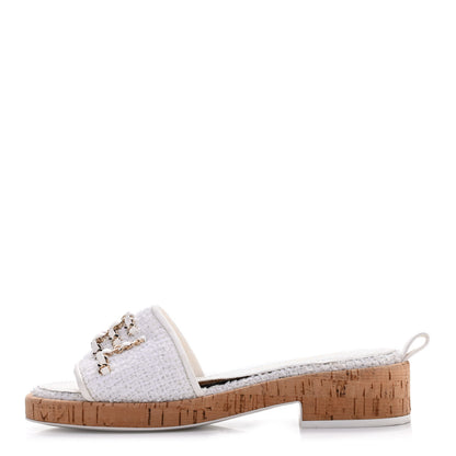 Chanel Tweed Cork CC Chain Mule Sandal 35.5 White 1 of 4
