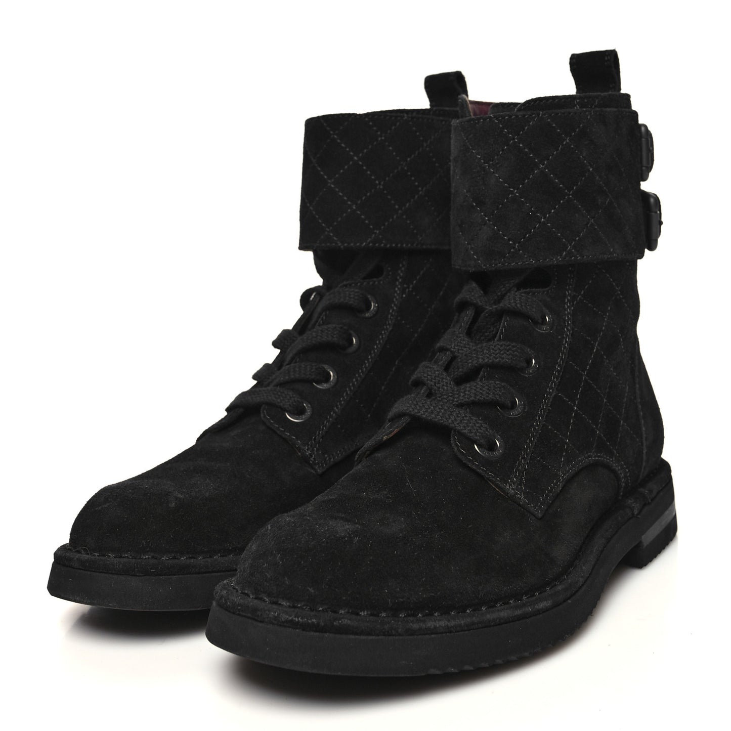 Suede Calfskin Quilted Combat Short Boots 36 Black