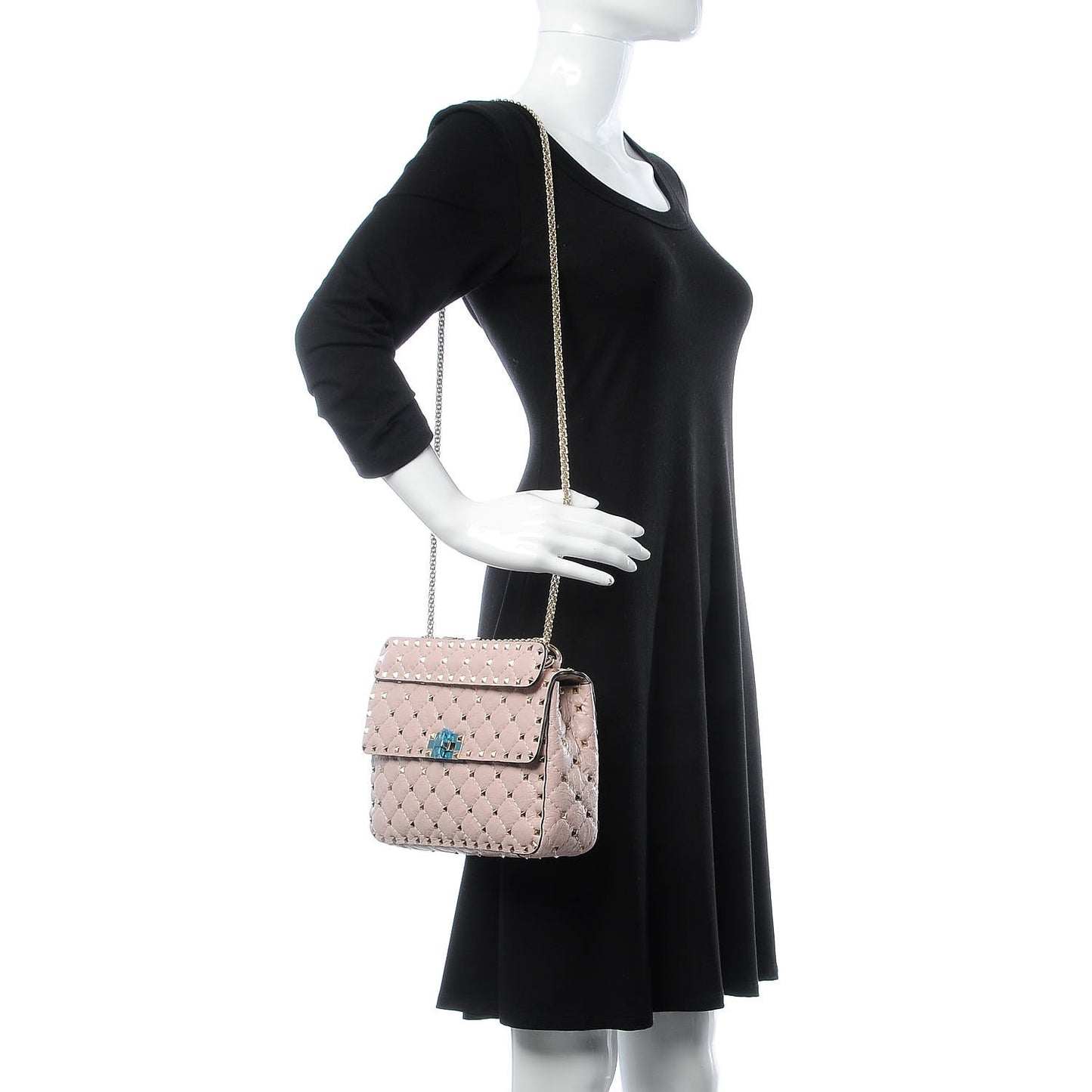 Craquele Nappa Medium Rockstud Spike Shoulder Bag Water Rose