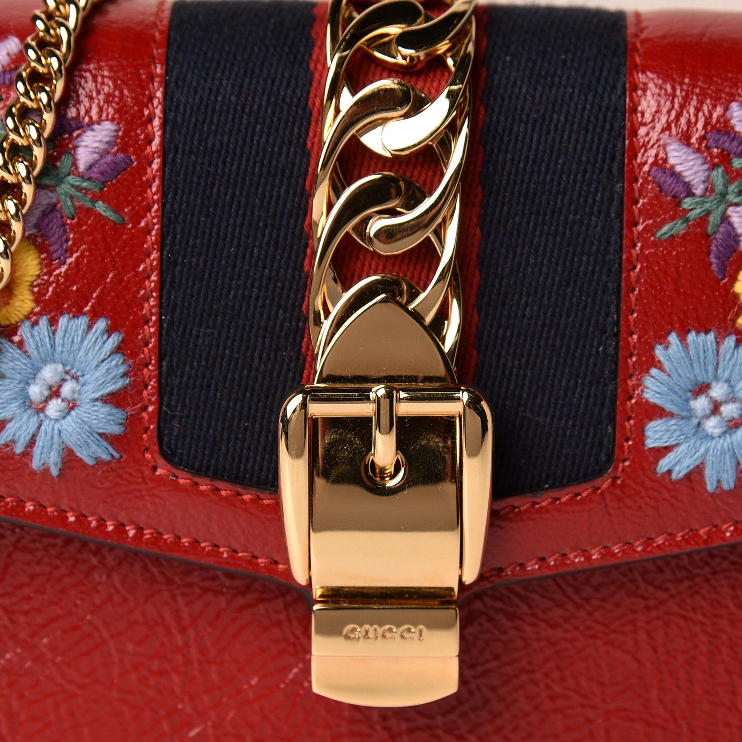 Gucci Patent Embroidered Super Mini Sylvie Chain Shoulder Bag Red 10 of 11