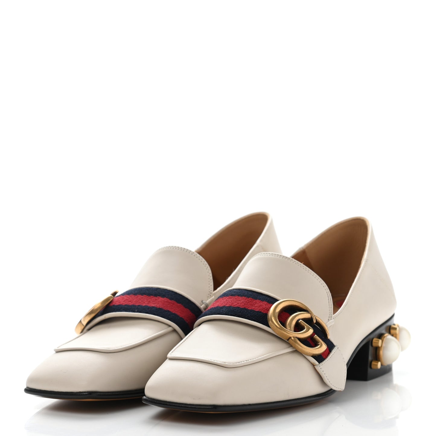 Betis Glamour Calfskin Web Pearl Embellished Peyton 35mm Loafer Pumps 35 White