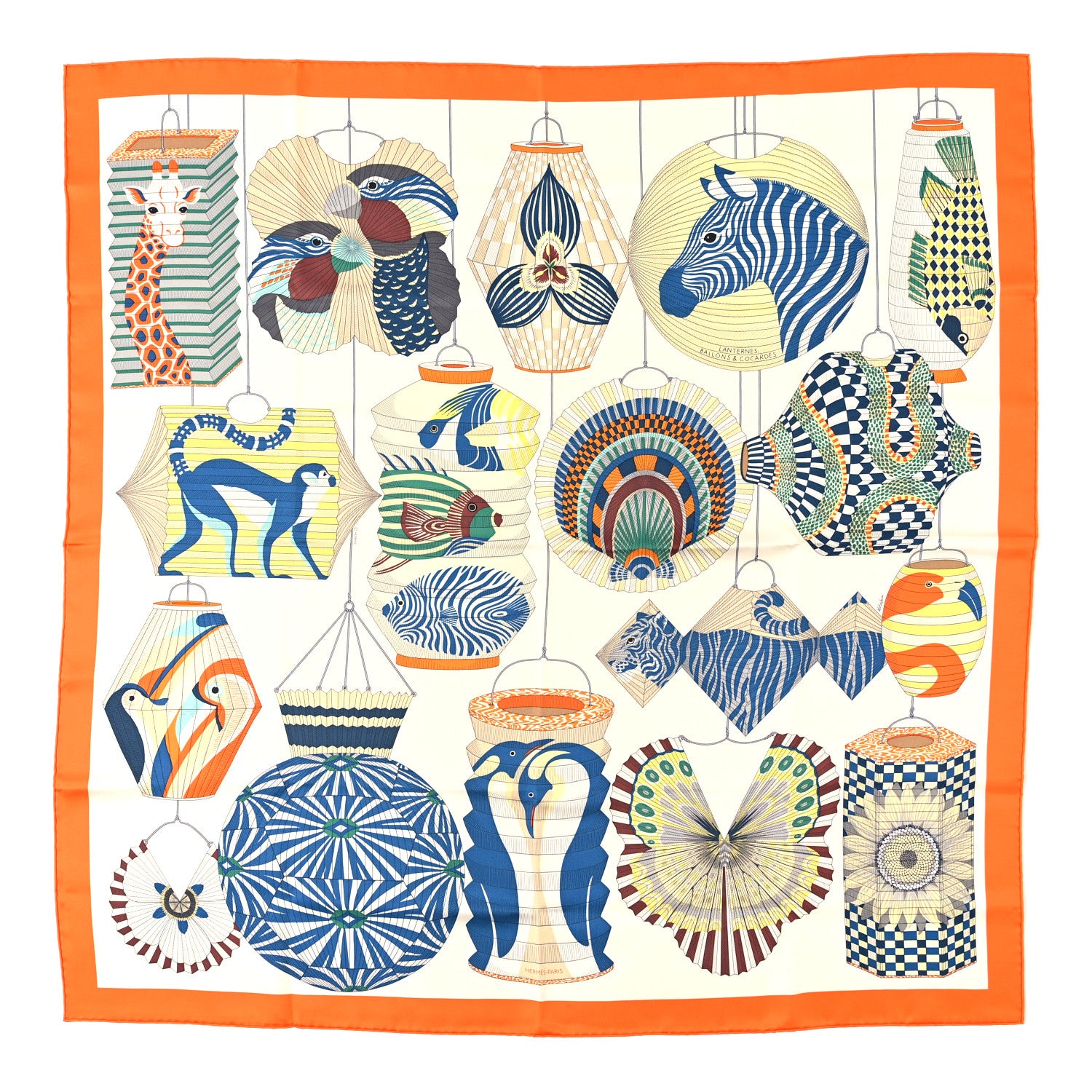 Hermes Silk Lanternes Ballons et Cocardes Scarf 90 Orange Creme Vert 1 of 4