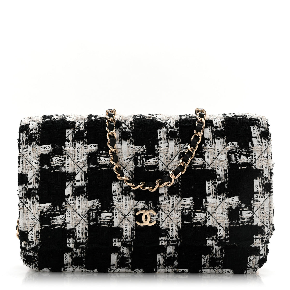 Chanel Tweed Quilted Wallet On Chain WOC Black Ecru White 1 of 14