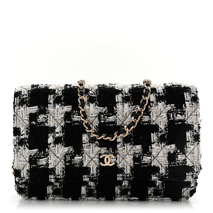 Chanel Tweed Quilted Wallet On Chain WOC Black Ecru White 1 of 14