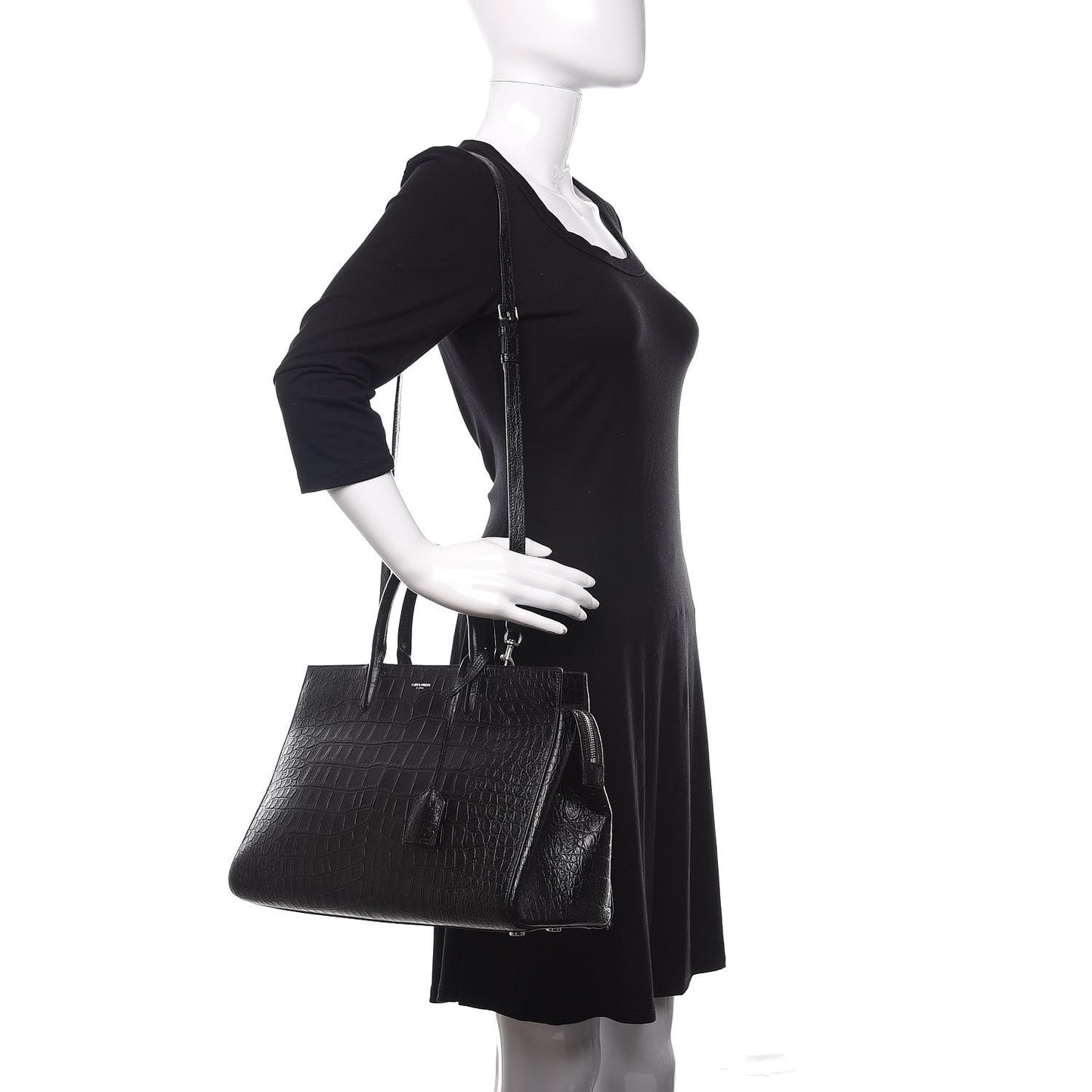 Calfskin Crocodile Embossed Medium Cabas Rive Gauche Black