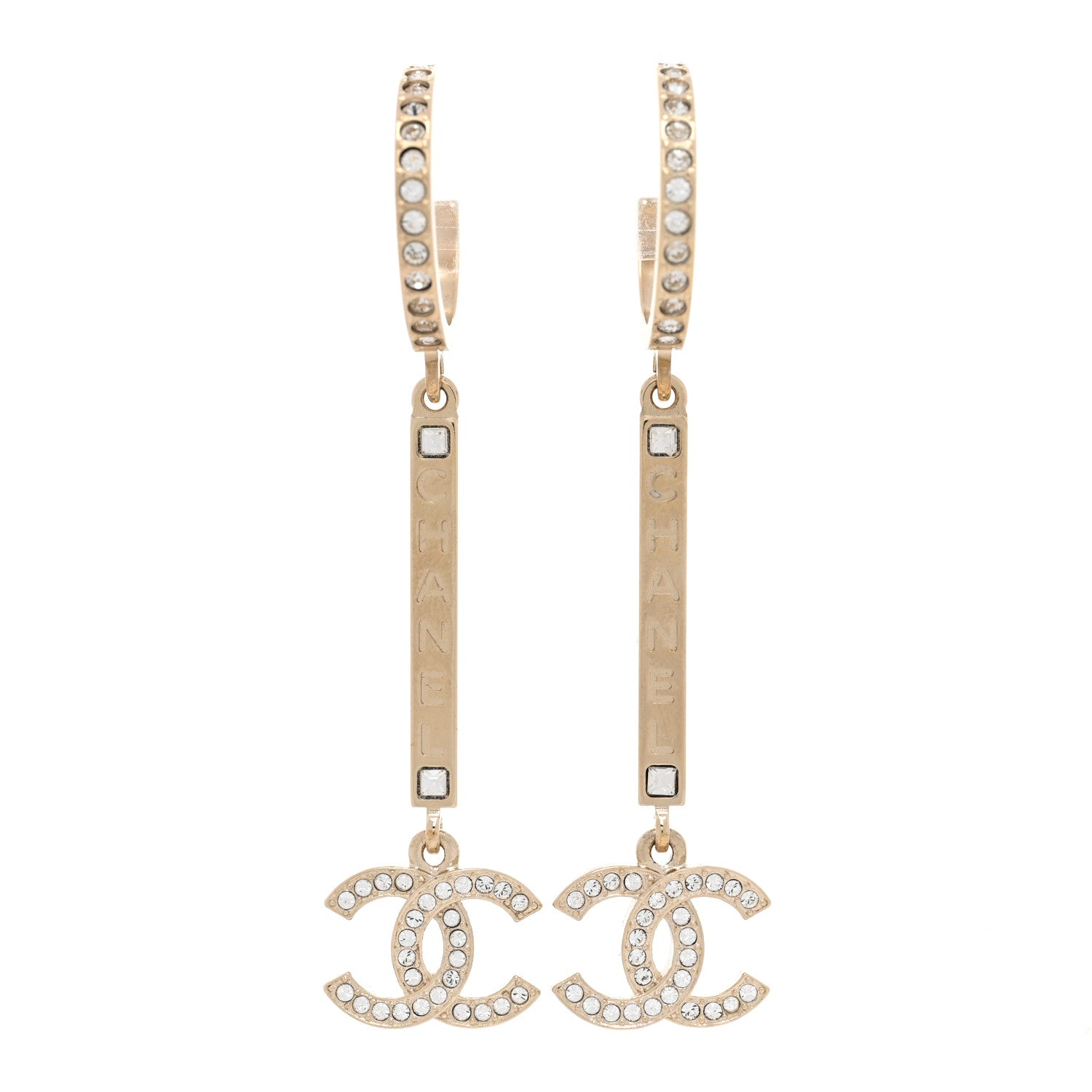Chanel Crystal Lock Symbols Logo CC Hoop Drop Earrings Gold 1 of 4