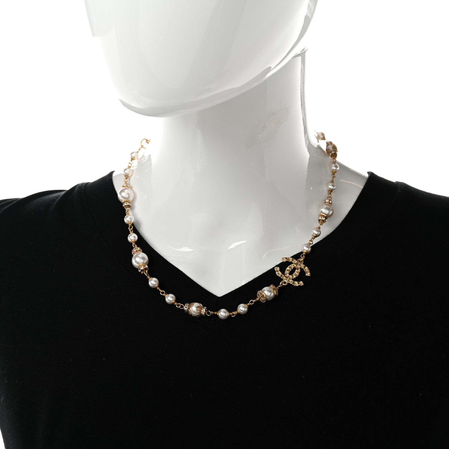 Chanel Pearl Crystal Textured CC Short Necklace Gold 2 of 7