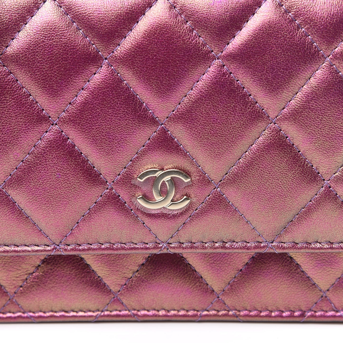 Iridescent Lambskin Quilted Mini Wallet On Chain WOC Purple
