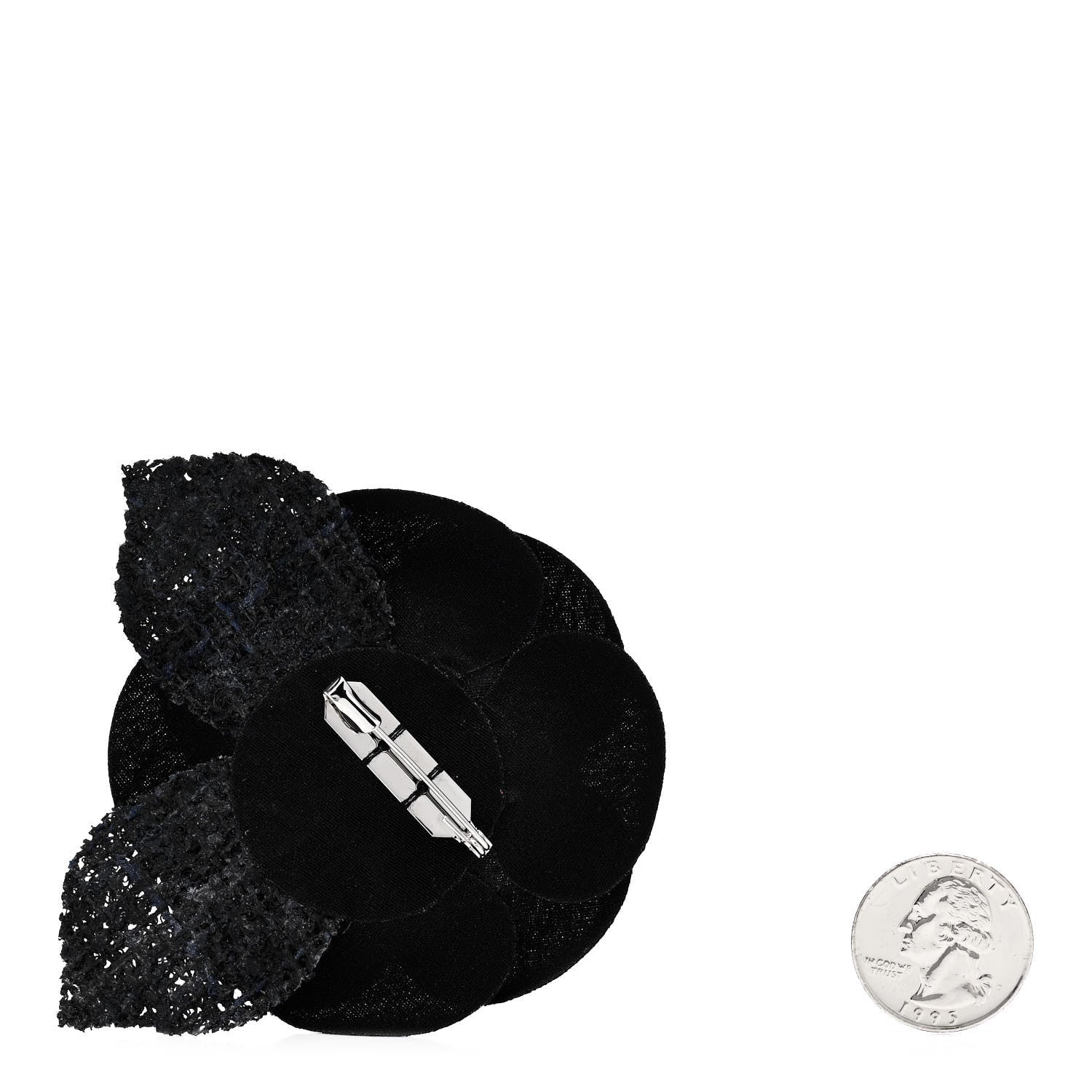 Chanel Tweed Fabric Camellia Pin Brooch Navy Blue Black 2 of 3