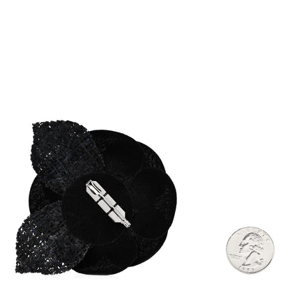 Chanel Tweed Fabric Camellia Pin Brooch Navy Blue Black 2 of 3