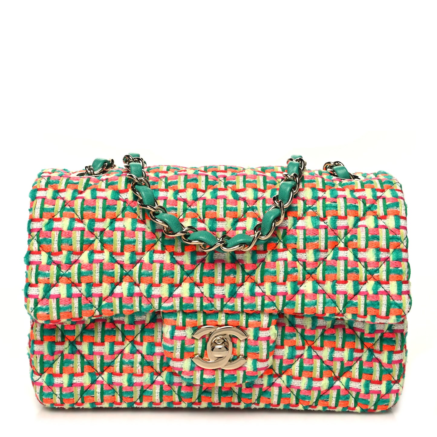 Tweed Quilted Mini Rectangular Flap Green Multicolor
