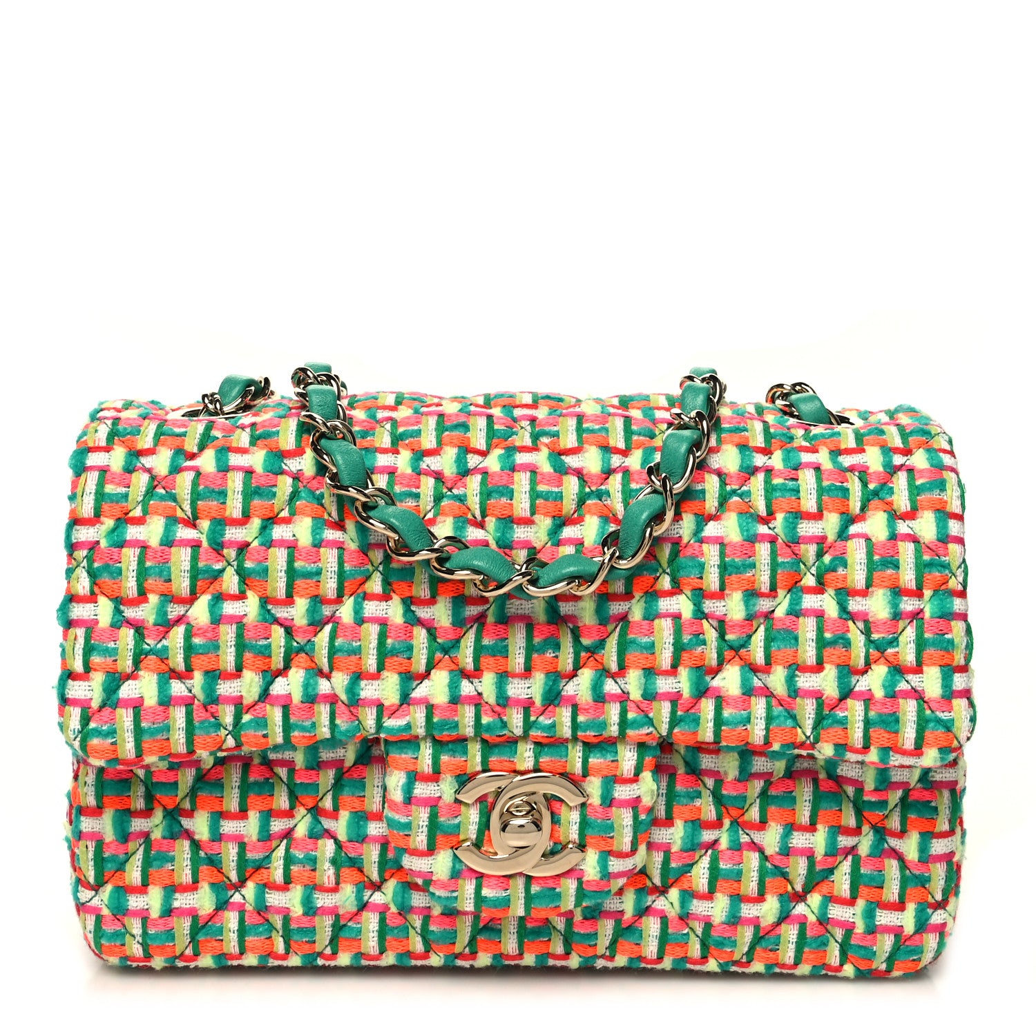 Chanel Tweed Quilted Mini Rectangular Flap Green Multicolor 1 of 11