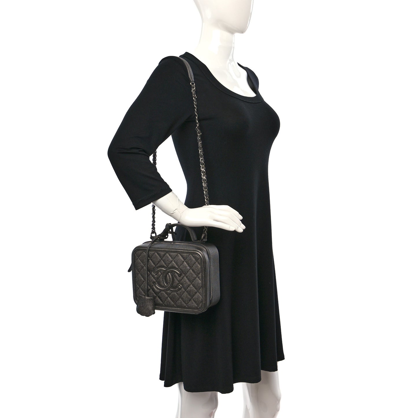 Metallic Caviar Quilted Medium CC Filigree Vanity Case Dark Silver