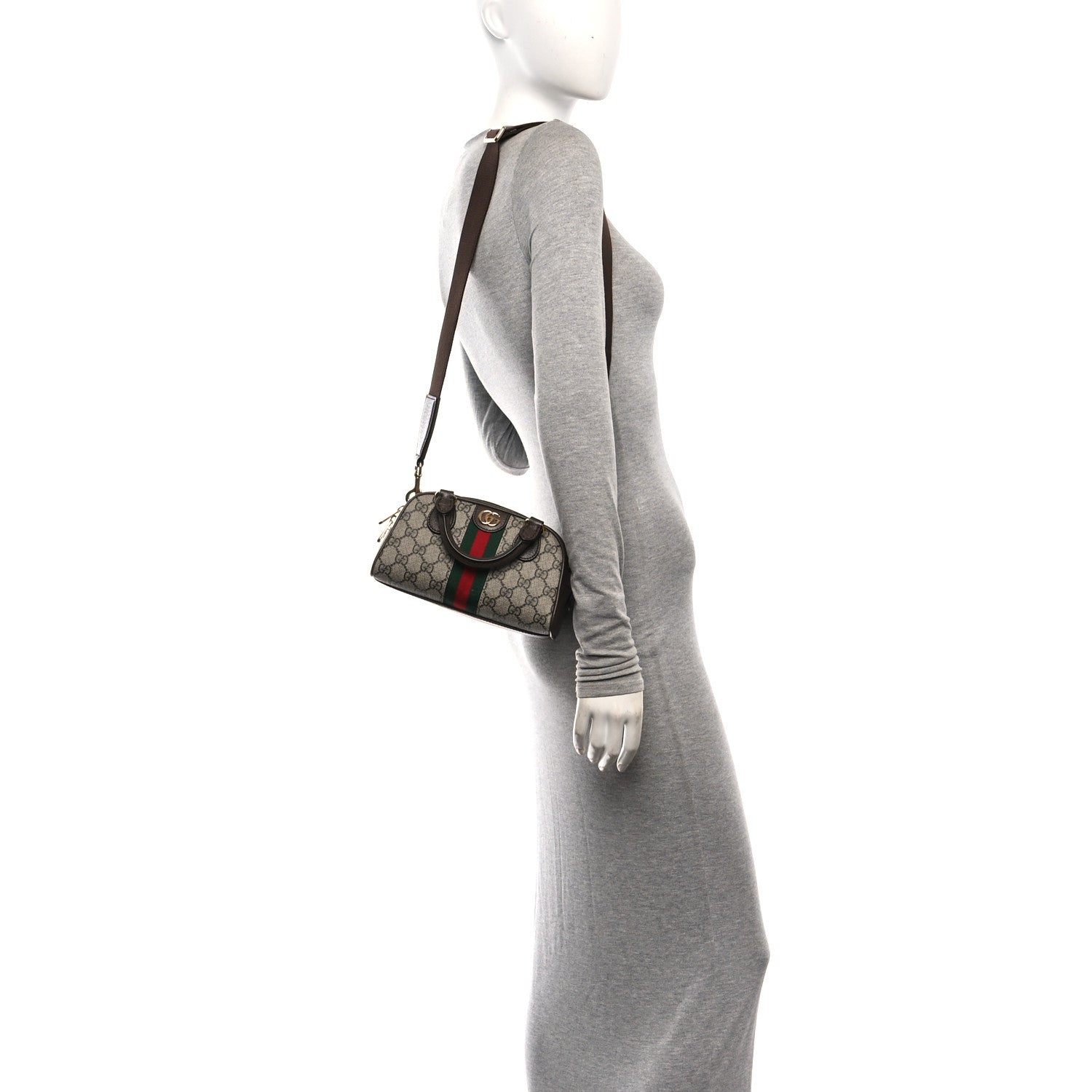 Gucci GG Supreme Monogram Textured Dollar Calfskin Web Mini Ophidia Top Handle Bowler Bag Beige Ebony New Acero 2 of 11