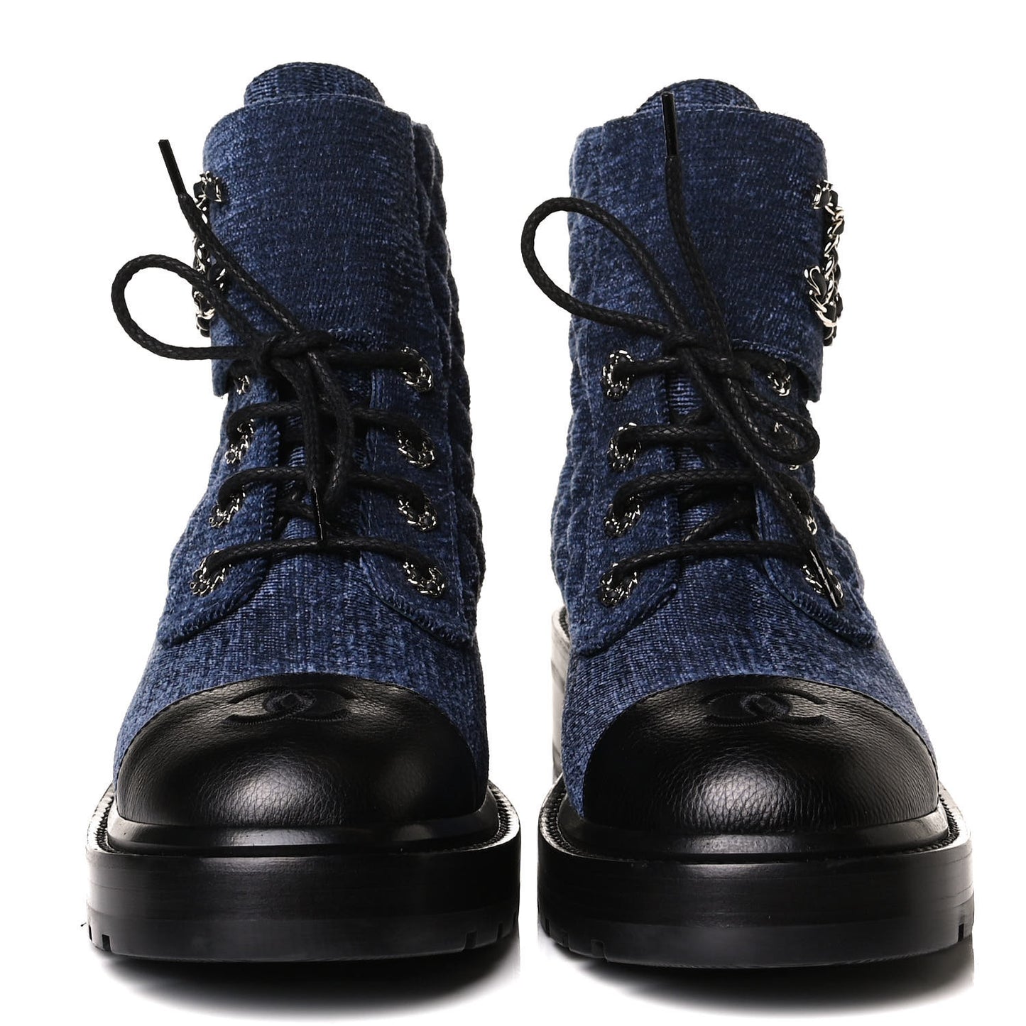 Shiny Calfskin Velvet Quilted Lace Up Combat Boots 39 Blue Black