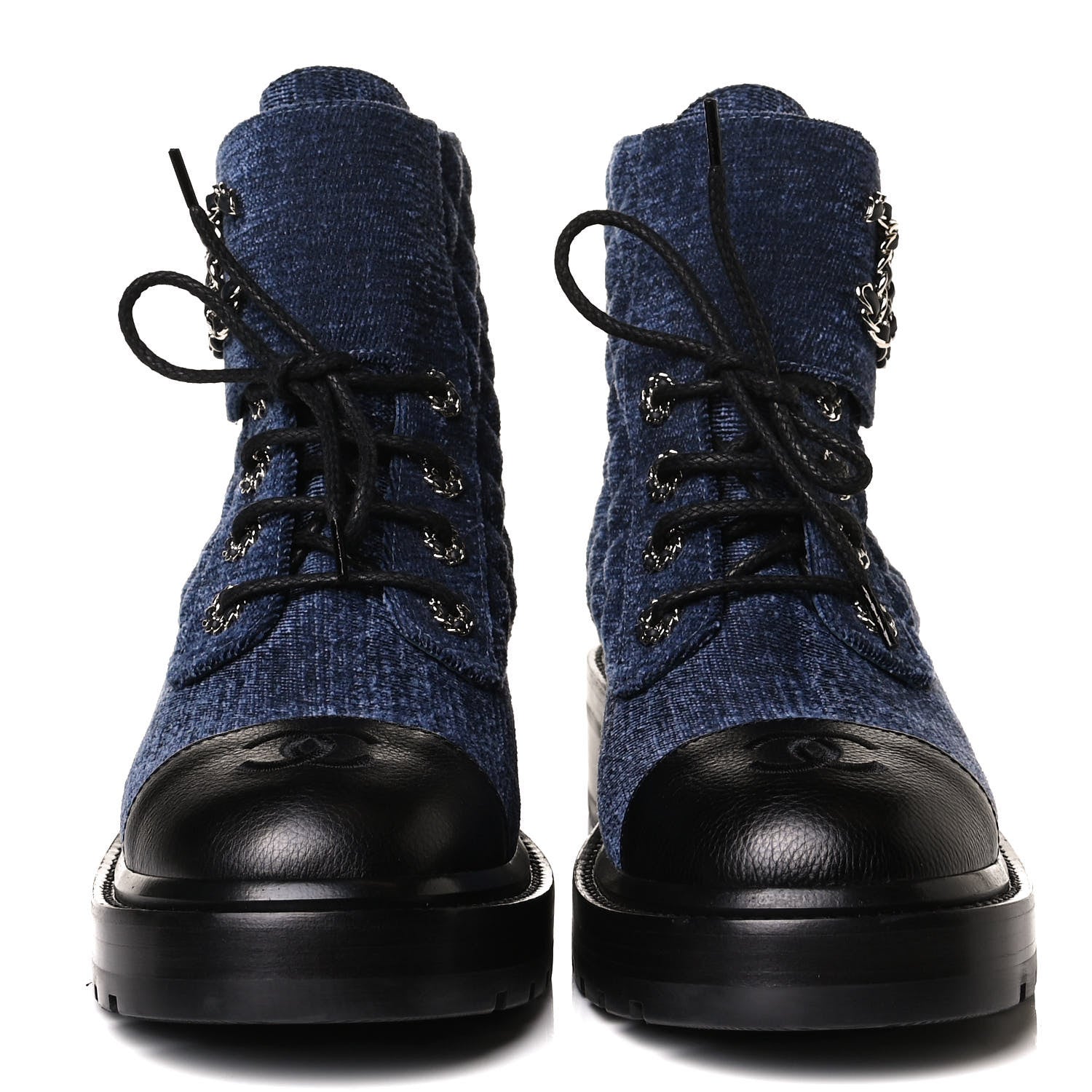 Chanel Shiny Calfskin Velvet Quilted Lace Up Combat Boots 39 Blue Black 2 of 14