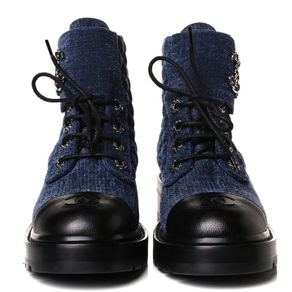 Chanel Shiny Calfskin Velvet Quilted Lace Up Combat Boots 39 Blue Black 2 of 14