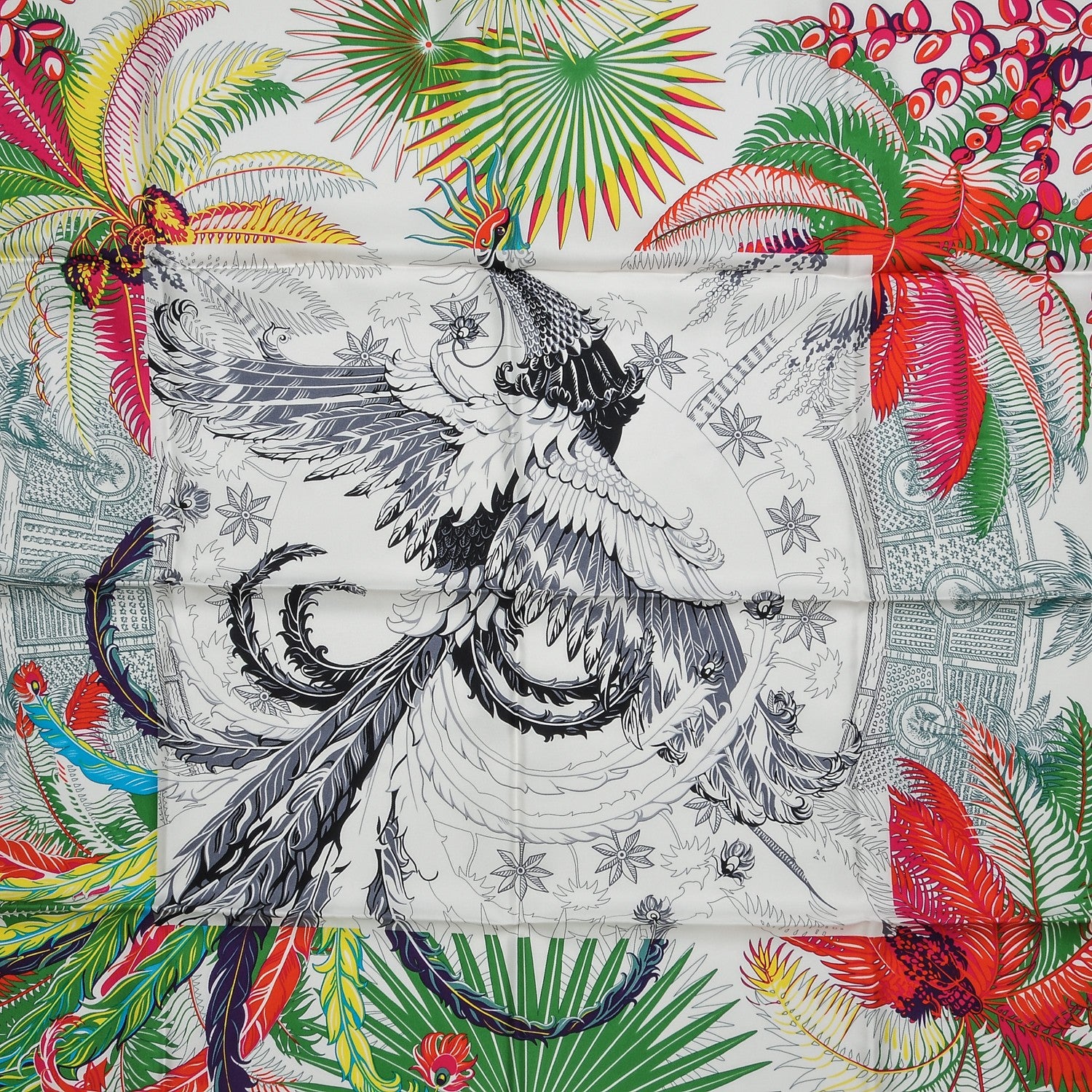 Hermes Silk Mythiques Phoenix Coloriage Scarf 90 Blanc Vert Rouge 5 of 6