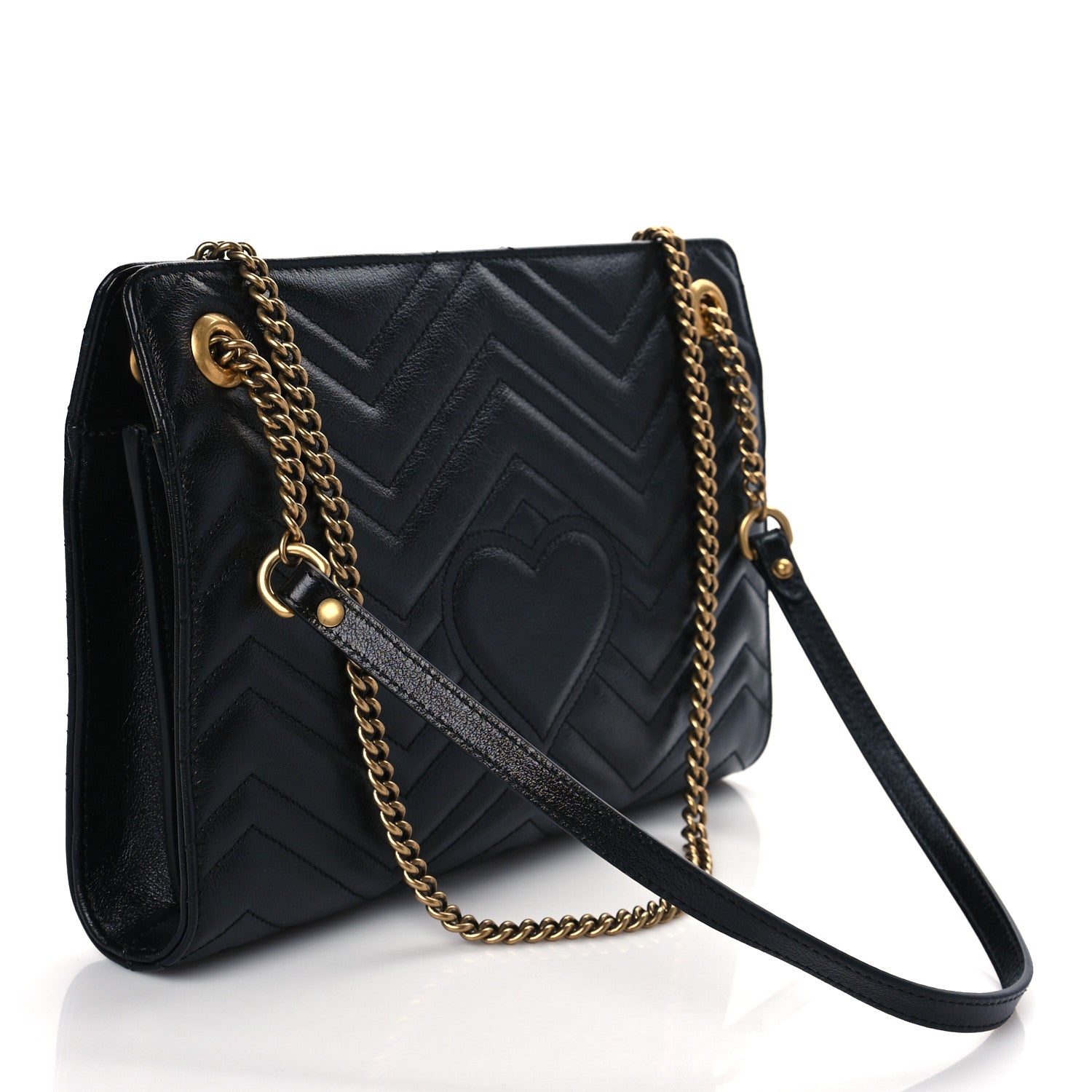 Gucci Azalea Calfskin Matelasse Heart Medium GG Marmont Slim Shoulder Bag Black 3 of 11