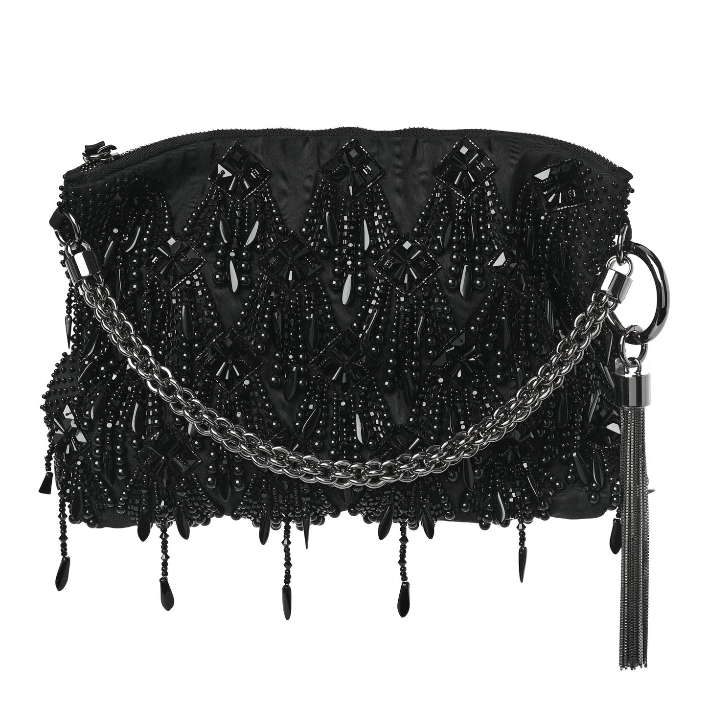 Satin Bead Embellished Callie Fringe Tassel Chain Evening Bag Black