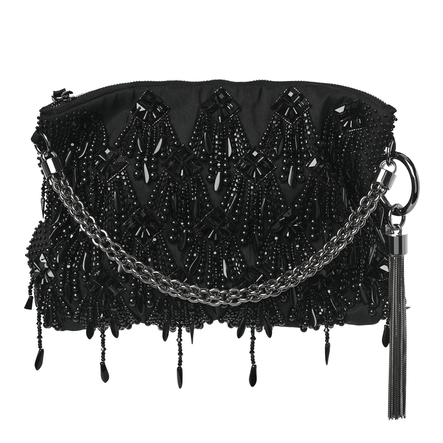 Jimmy Choo Satin Bead Embellished Callie Fringe Tassel Chain Evening Bag Black 1 of 8