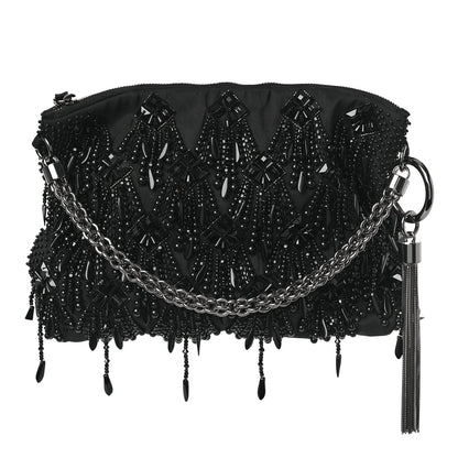 Jimmy Choo Satin Bead Embellished Callie Fringe Tassel Chain Evening Bag Black 1 of 8