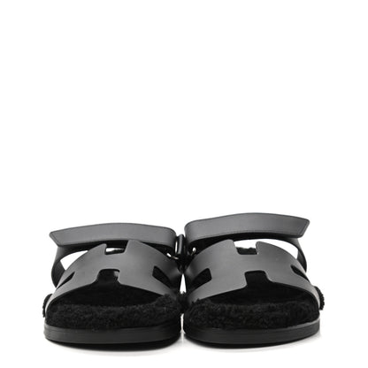 Hermes Calfskin Woolskin Womens Chypre Sandals 39 Black 2 of 8