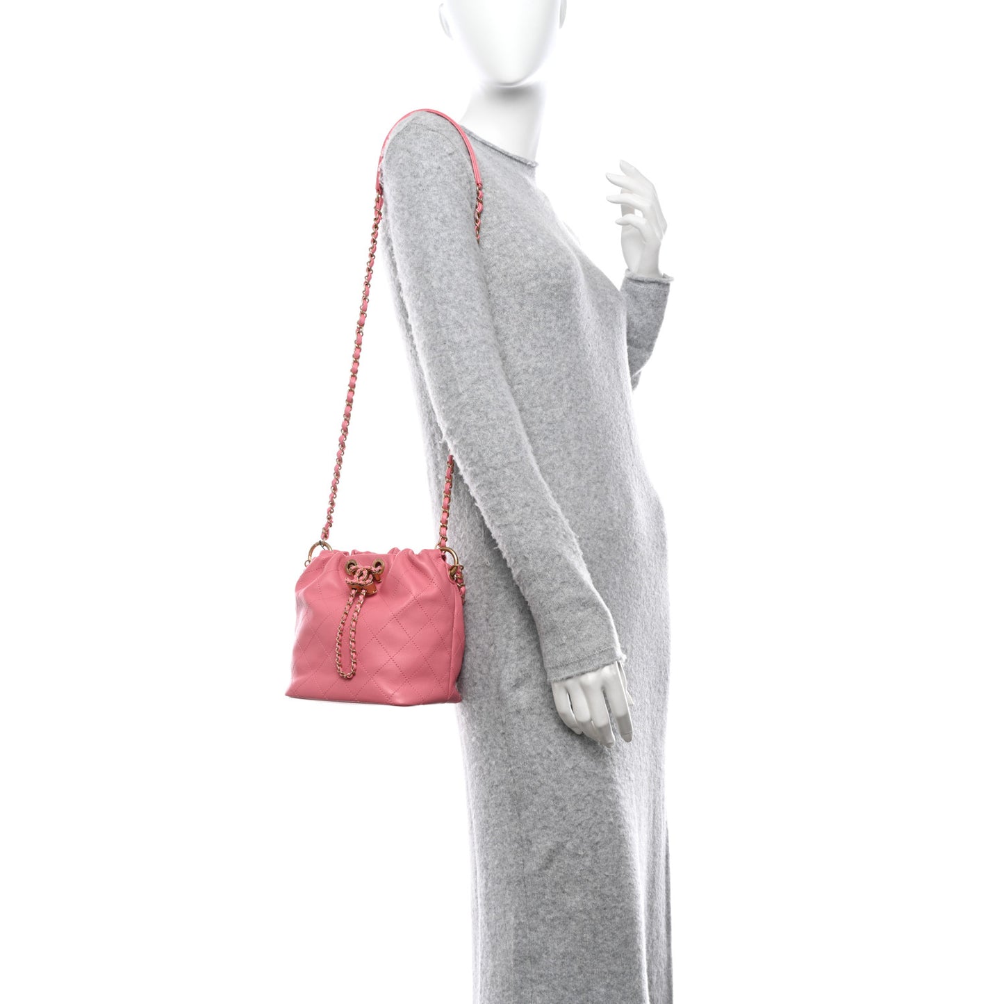 Lambskin Quilted Antique Signs Drawstring Bag Pink
