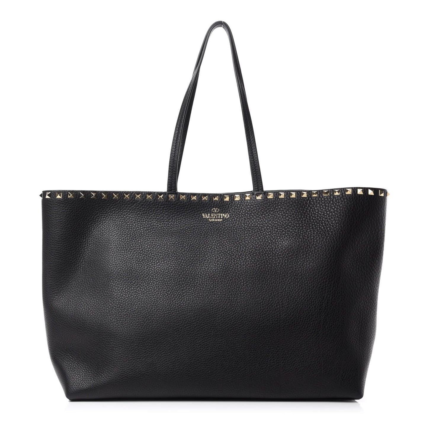 Grained Calfskin Rockstud Shoulder Tote Black