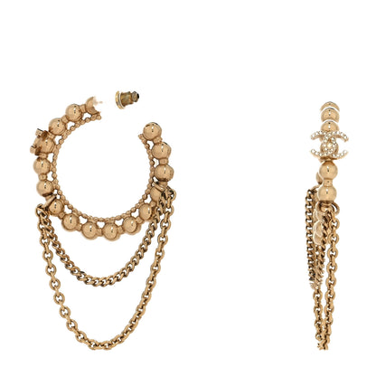 Chanel Metal Crystal Bead Chain CC Hoop Earrings Gold 1 of 4