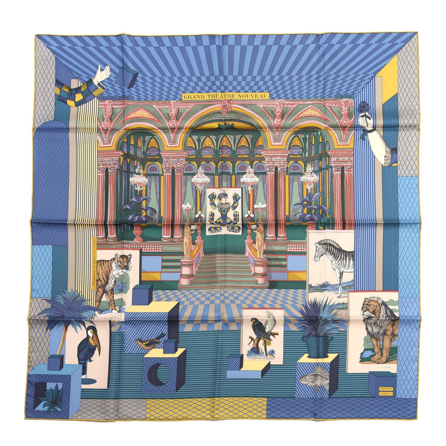Hermes Silk Twill Grande Theatre Nouveau Scarf 90 Bleu Jean Vert Moutarde 1 of 4