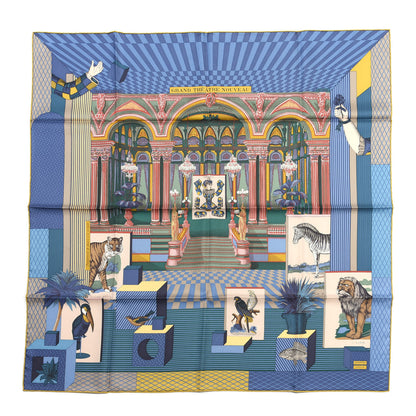 Hermes Silk Twill Grande Theatre Nouveau Scarf 90 Bleu Jean Vert Moutarde 1 of 4