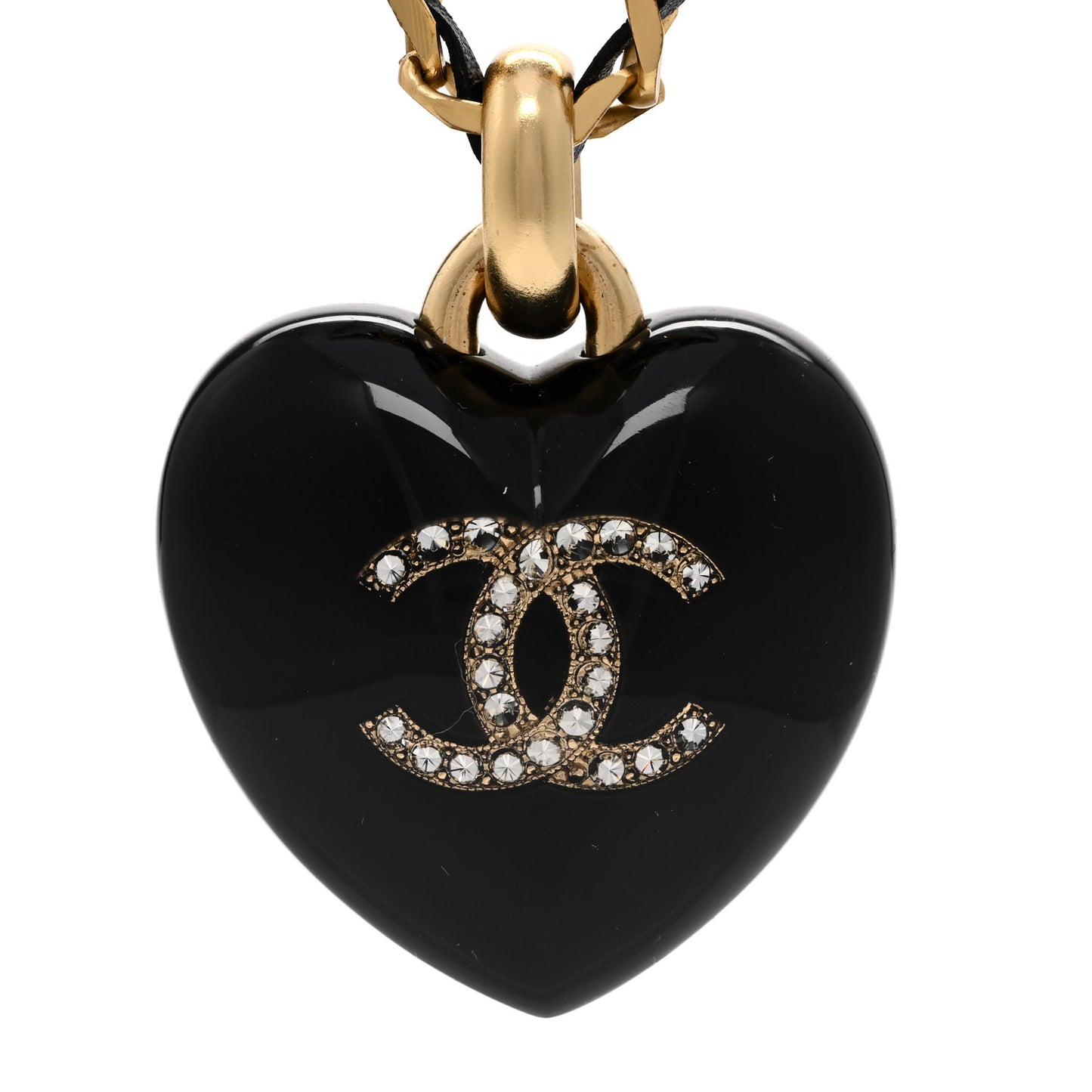 Lambskin Crystal Resin CC Heart Drop Necklace Gold Black