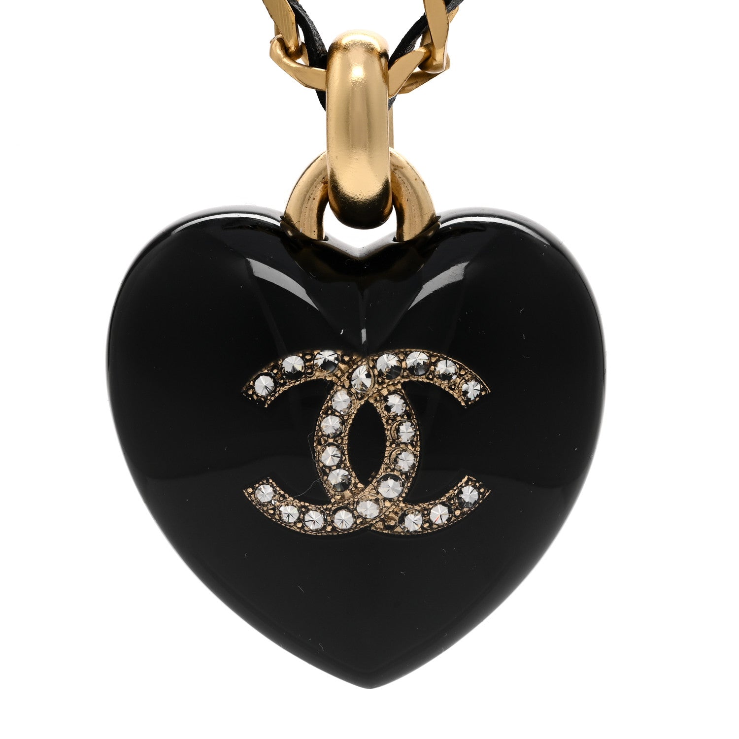 Chanel Lambskin Crystal Resin CC Heart Drop Necklace Gold Black 4 of 6
