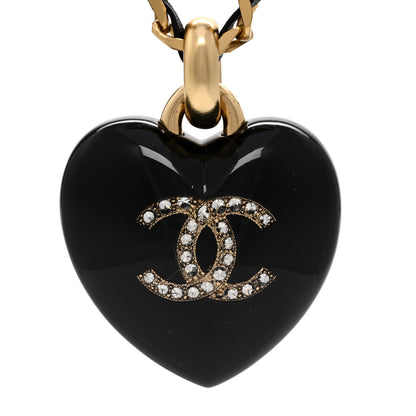 Chanel Lambskin Crystal Resin CC Heart Drop Necklace Gold Black 4 of 6