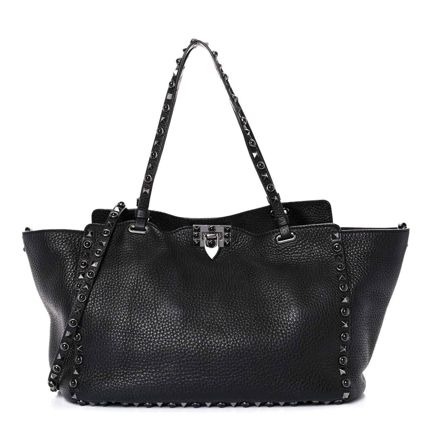 Grained Calfskin Onyx Medium Rockstud Rolling Tote Black
