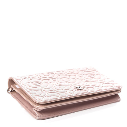 Chanel Goatskin Camellia Embossed Wallet On Chain WOC Light Pink 4 of 11