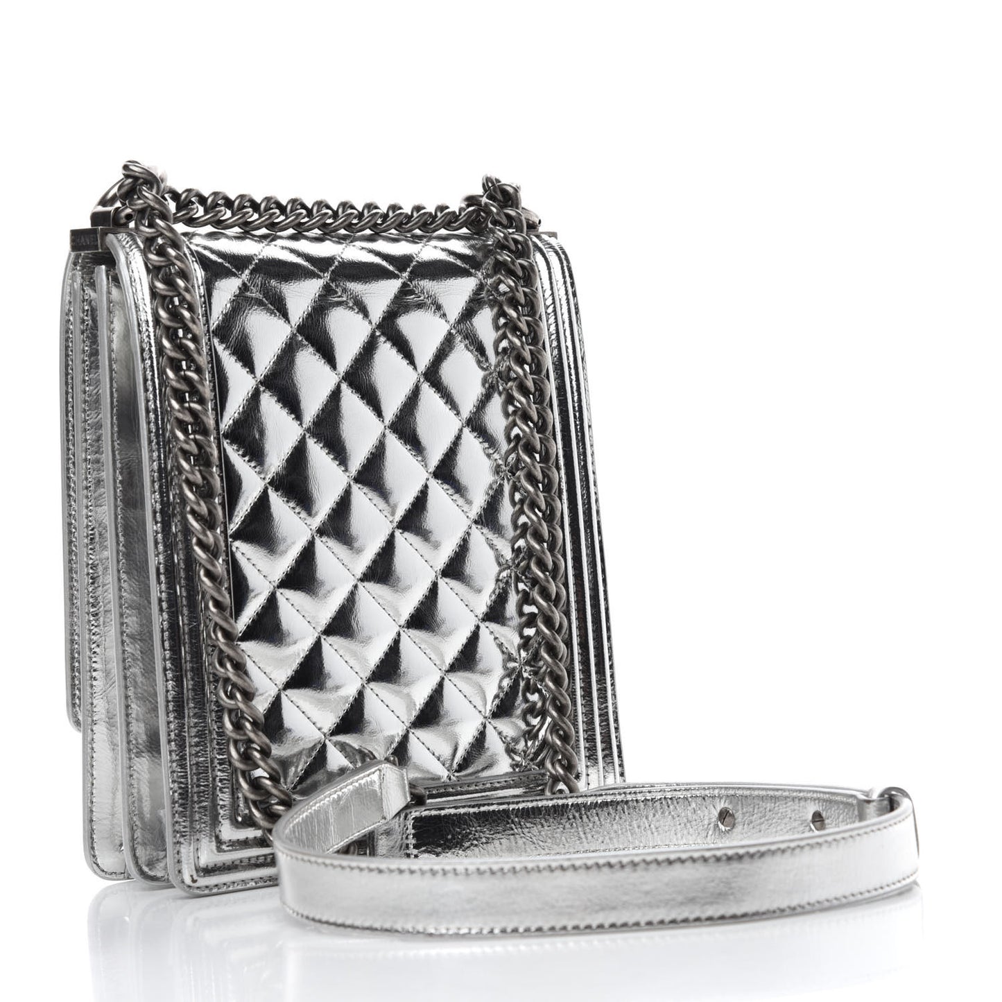 Metallic Goatskin Quilted North South Boy Flap Silver