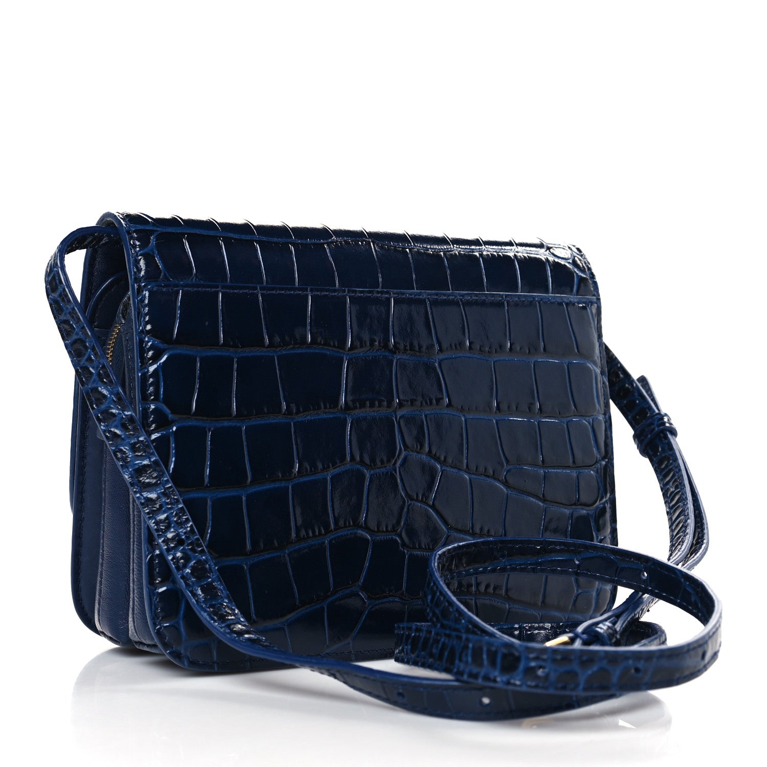 Balenciaga Shiny Calfskin Crocodile Embossed Small B Crossbody Bag Navy 3 of 9