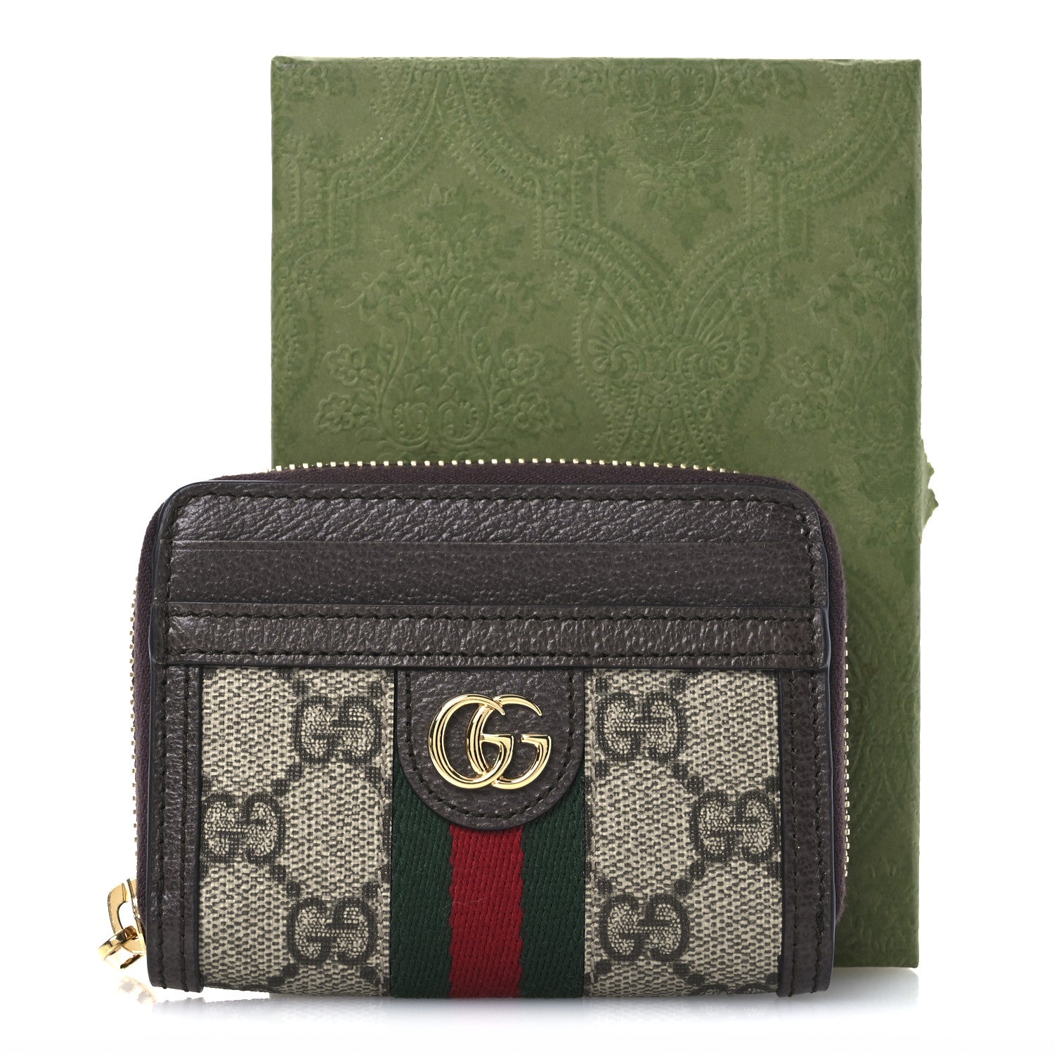Gucci GG Supreme Monogram Textured Dollar Calfskin Web Ophidia Zip Around Card Case Wallet Beige Ebony New Acero 9 of 9