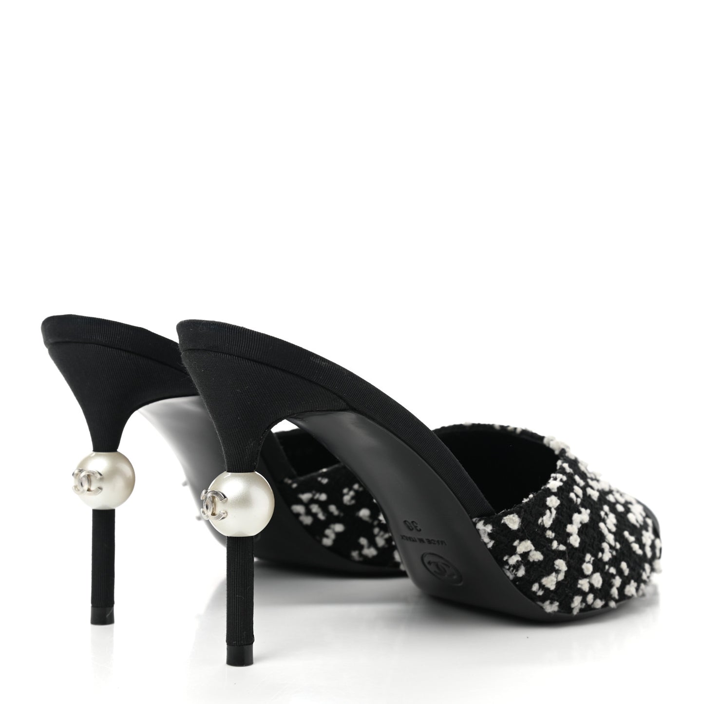 Tweed Grosgrain Pearl Mules 38 Black White