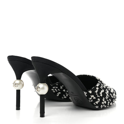 Chanel Tweed Grosgrain Pearl Mules 38 Black White 4 of 8