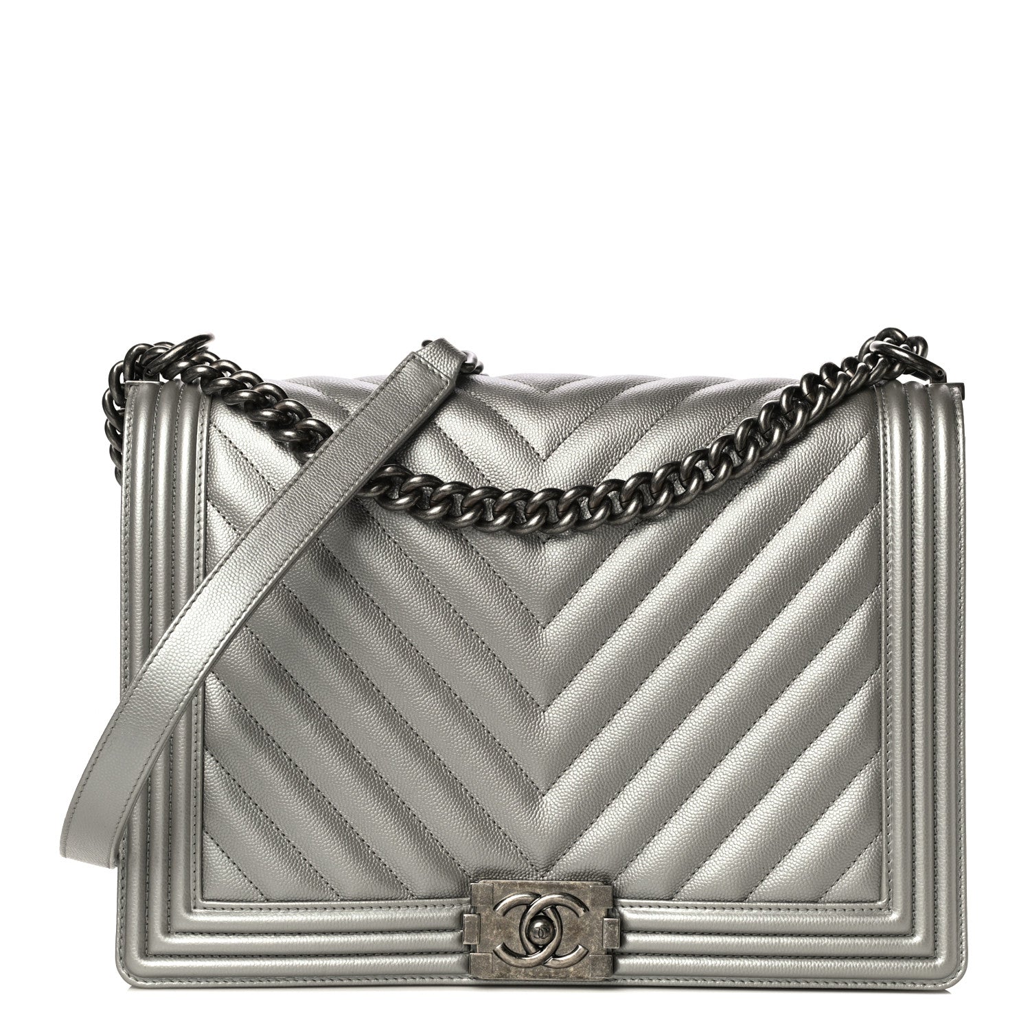 Chanel Metallic Caviar Chevron Quilted Large Boy Flap Silver 1 of 10