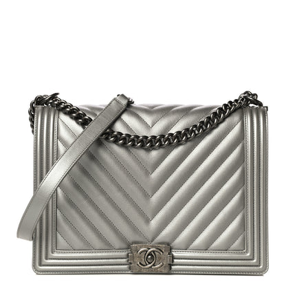 Chanel Metallic Caviar Chevron Quilted Large Boy Flap Silver 1 of 10