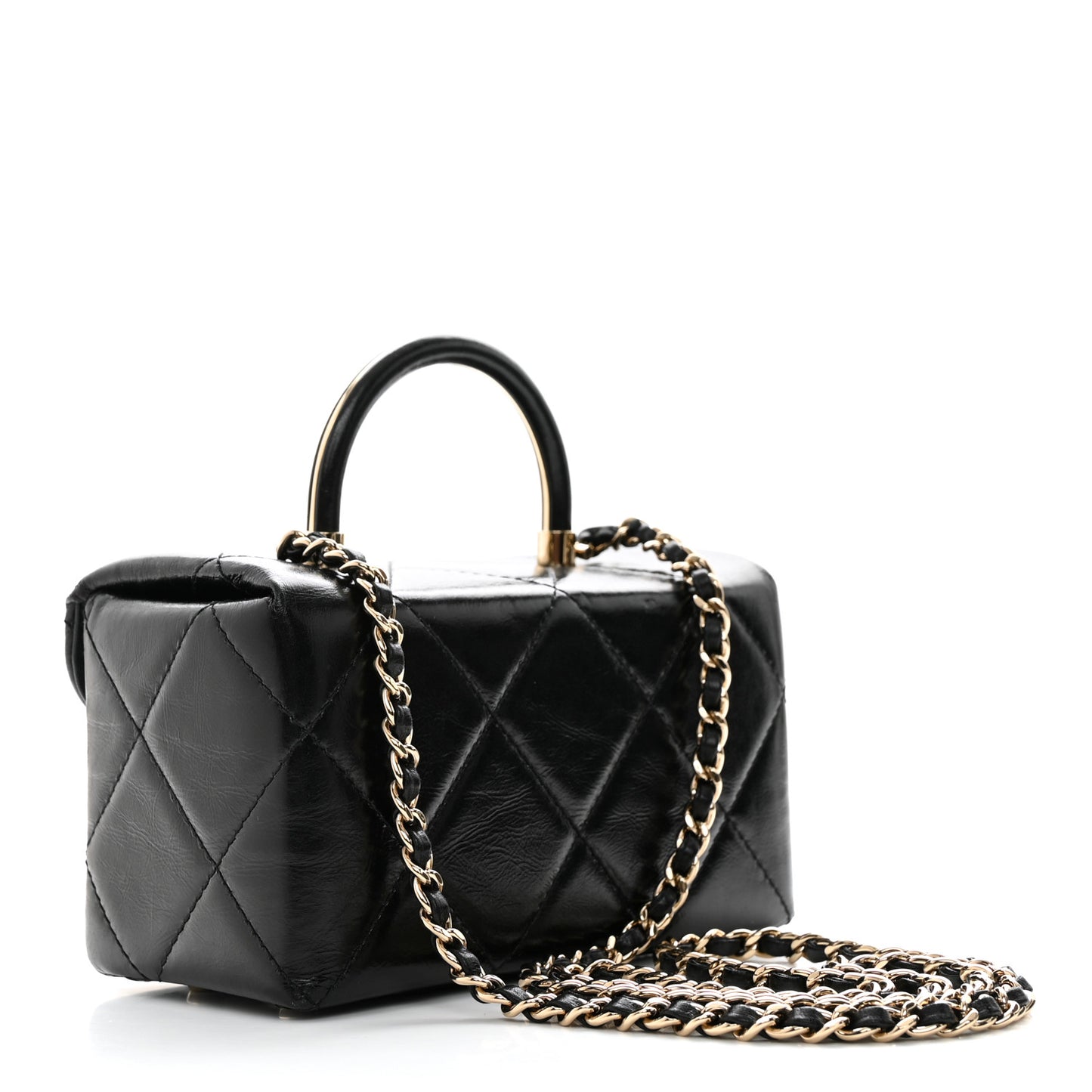 Shiny Calfskin Quilted Small CC Top Handle Box Bag Black