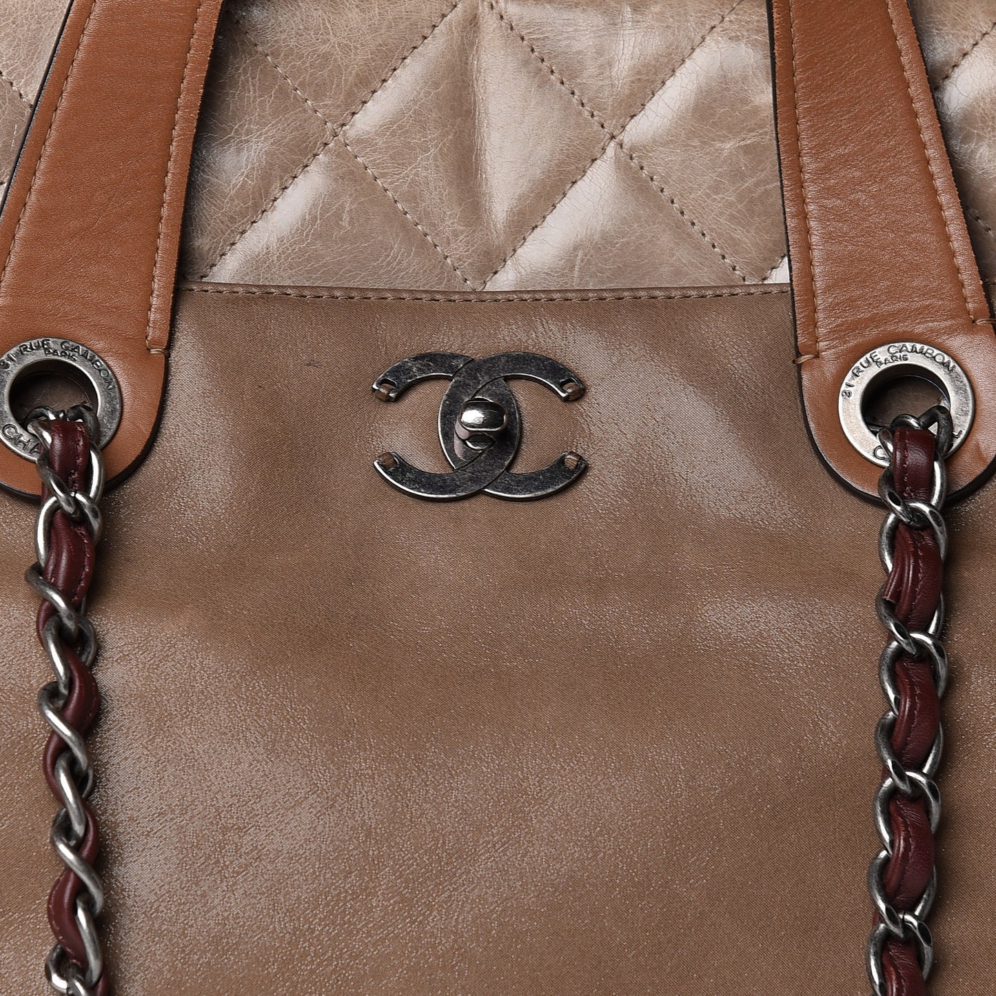 Iridescent Glazed Calfskin In The Mix Tote Kahki