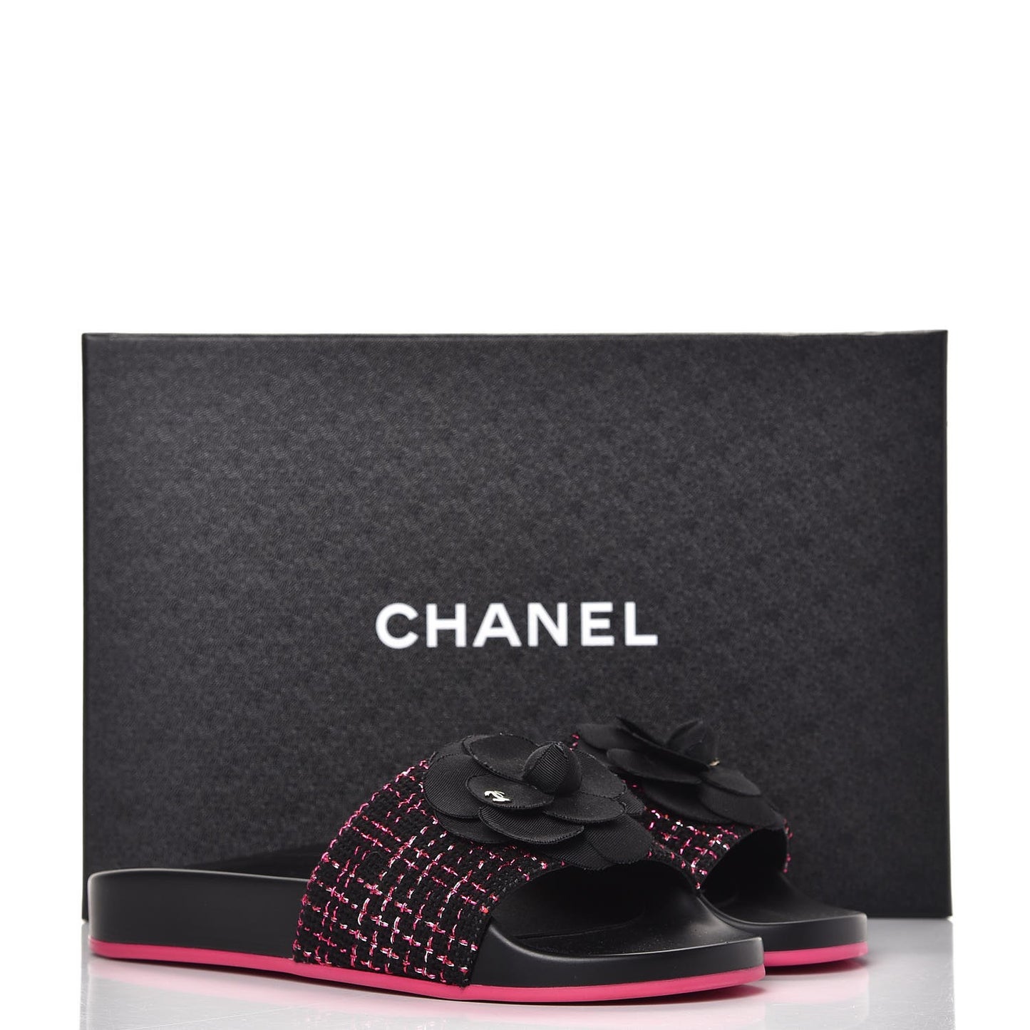 Tweed Grosgrain Camellia CC Flat Mules 36 Black Pink