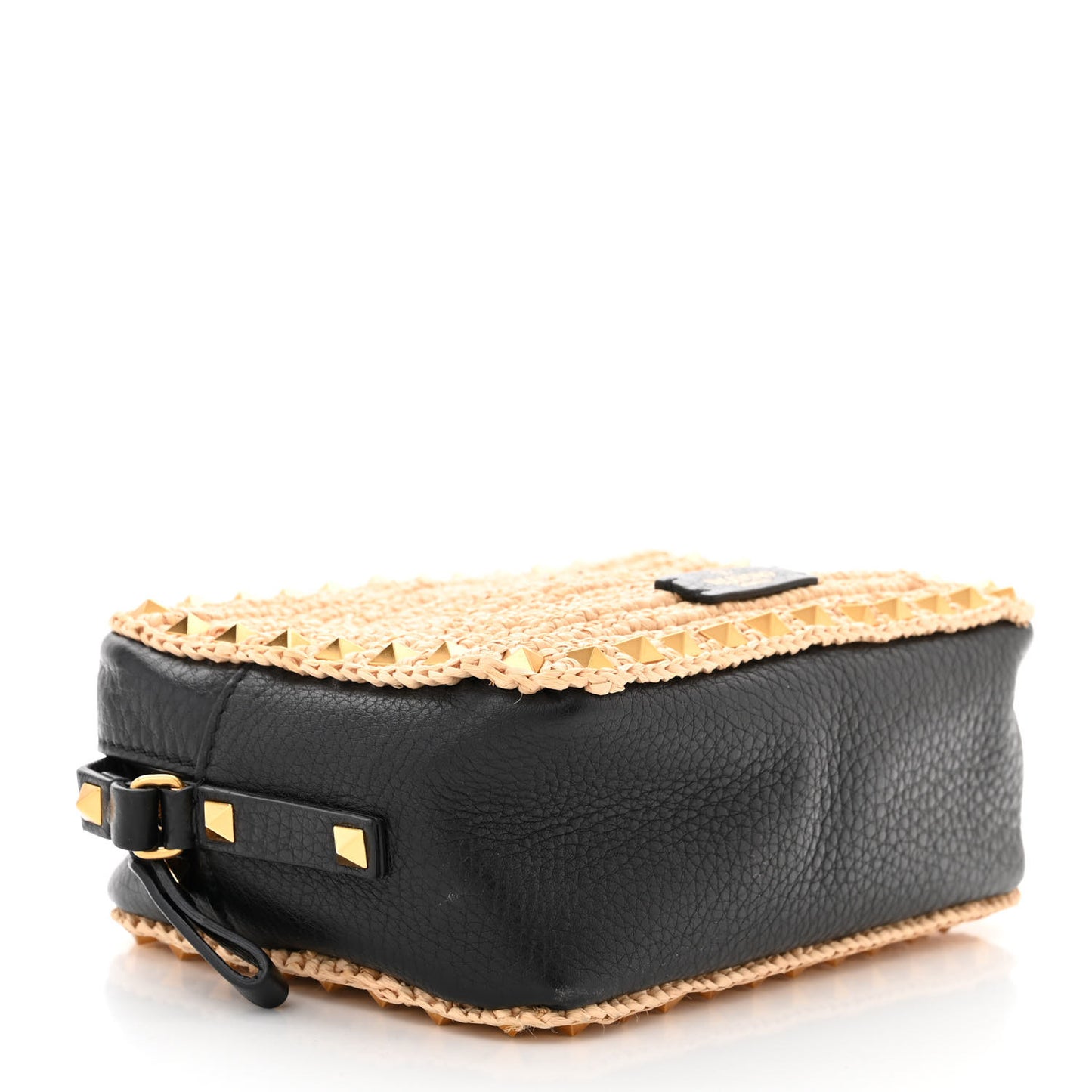 Straw Rockstud Camera Crossbody Bag Beige Black