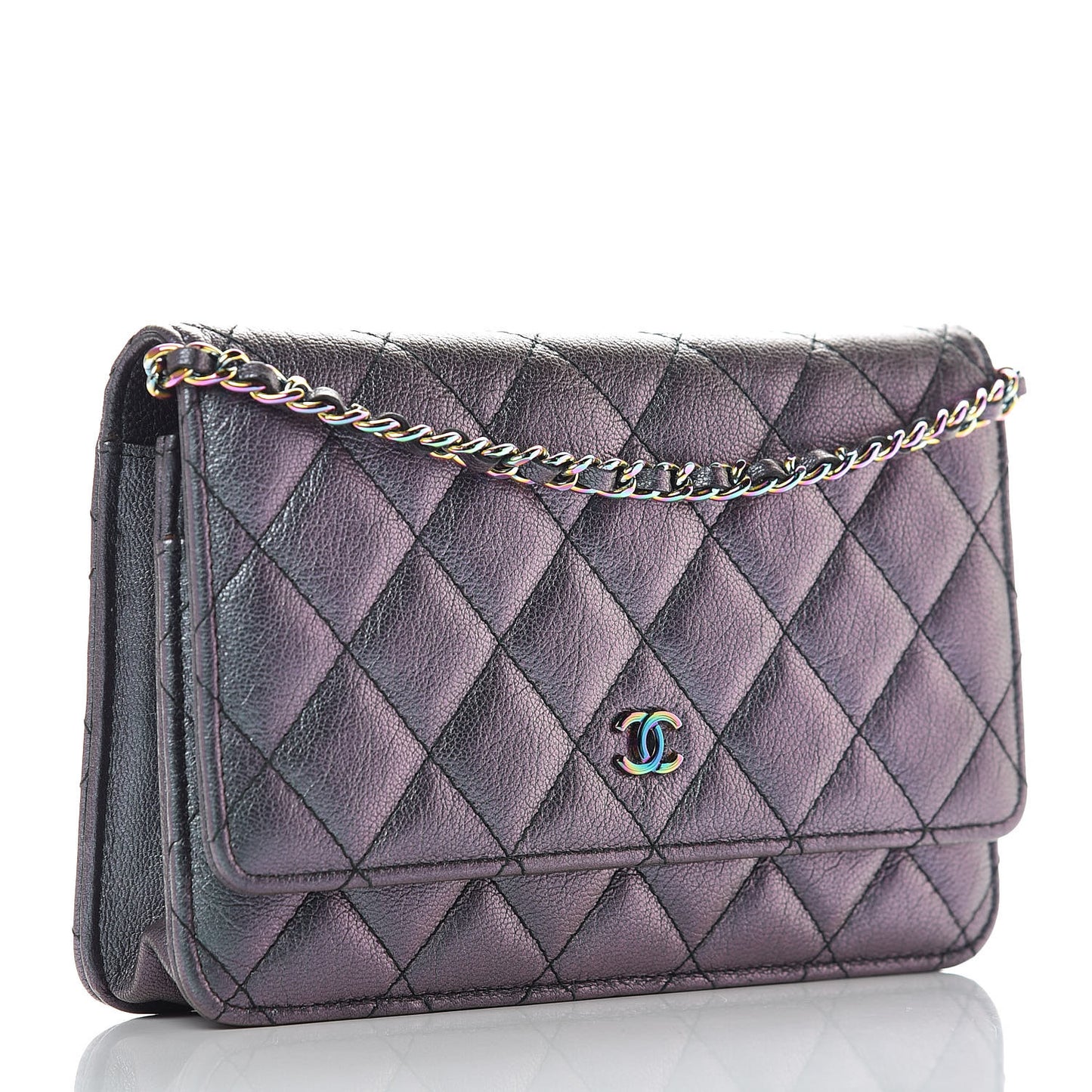 Iridescent Goatskin Quilted Wallet On Chain WOC Purple